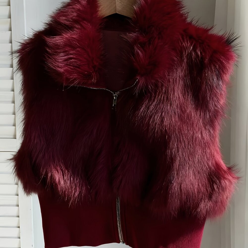 Burgundy Faux Fur Sleeveless Zip Jacket | High Collar Cropped Vest | XXL (14) - Picture 8 of 9